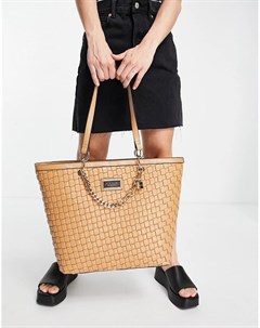 Бежевая плетеная сумка шопер из искусственной кожи River island