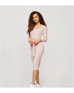 Светло розовое платье миди в рубчик с завязывающимся поясом Miss selfridge petite
