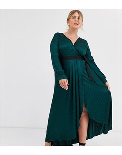 Зеленое атласное платье с запахом и контрастным поясом Little mistress plus