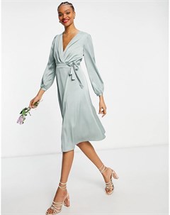 Шалфейно зеленое атласное платье миди с запахом и поясом bridesmaid Tfnc