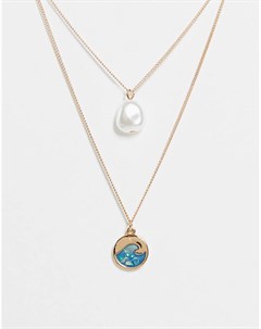 Ярусное золотистое ожерелье с подвесками в виде искусственного жемчуга и волны опалового цвета Asos design