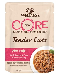 Влажный корм для кошек Tender Cuts Нежные Кусочки Лосося и Тунца в Пикантном Соусе 0 085 кг Wellness core
