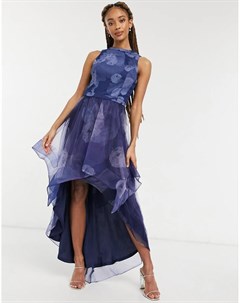 Темно синее платье с цветочным принтом и ассиметричной юбкой из сетки Farcia Chi chi london