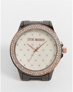 Часы черного цвета розового золота со стеганной отделкой на циферблате и отделкой стразами Steve madden