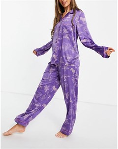 Сиреневый атласный пижамный комплект премиум класса с отложным воротником и принтом леопардов Chelsea peers
