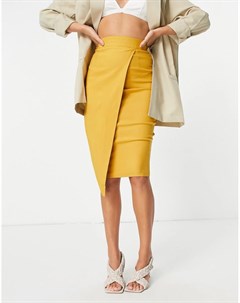 Золотисто желтая асимметричная юбка миди с запахом Vesper