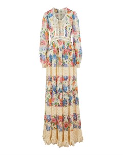 Платье макси с цветочным принтом и кружевом Gucci