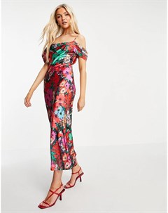 Атласное платье комбинация мидакси с открытыми плечами и цветочным принтом Hope & ivy