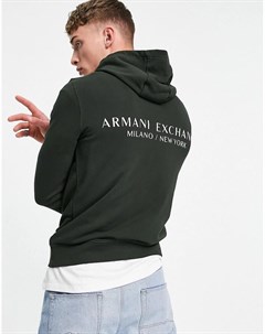 Черный худи без застежки с логотипом надписью и принтом на спине Armani exchange