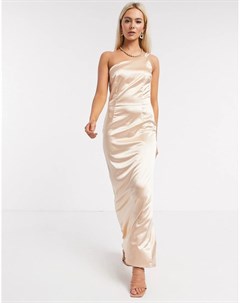 Атласное платье макси на одно плечо цвета шампанского Bridesmaid Tfnc