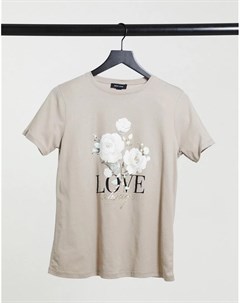 Светло коричневая футболка с цветочным принтом и надписью Love Always New look
