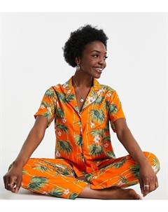Эксклюзивная оранжевая пижама из модала с рубашкой с короткими рукавами и брюками с пальмовым принто Asos tall