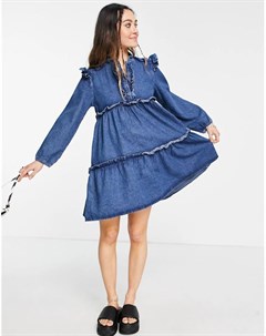 Ярусное джинсовое платье синего выбеленного цвета с оборками Topshop
