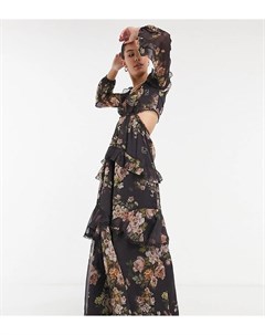 Коричневое платье макси с длинными рукавами кружевной отделкой и цветочным принтом ASOS DESIGN Tall Asos tall