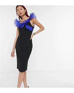 Эксклюзивное платье миди с открытыми плечами и оборками черного кобальтового цвета Lusso the label