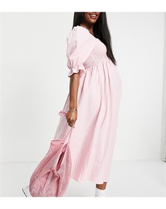 Розовое платье миди из фактурного жатого материала в клетку с рукавами 3 4 New look maternity