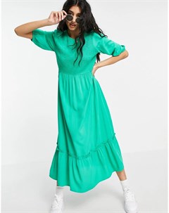 Ярко зеленое платье миди с круглым вырезом и сборками New look