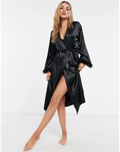 Черный атласный халат с отделкой искусственными перьями Night