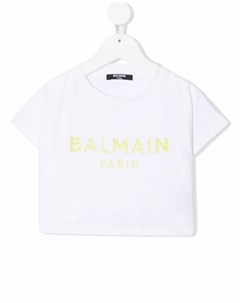 Укороченная футболка с логотипом и блестками Balmain kids