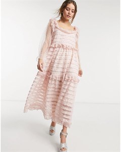Розовое платье макси с квадратным вырезом и ярусными оборками Sister jane