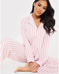 Розовый пижамный комплект из рубашки и брюк в тонкую полоску x Lorna Luxe In the style