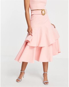 Розовая ярусная юбка мидакси с ремнем с плетеной отделкой от комплекта Forever new