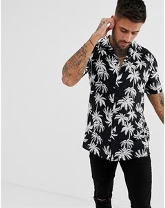 Черная рубашка с отложным воротником и пальмовым принтом Boohooman