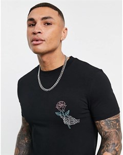 Черная облегающая футболка с принтом розы в руке на груди Asos design