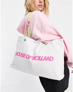 Белая сумка шопер из ткани с логотипом и ремешками из шнурков и цепочки House of holland