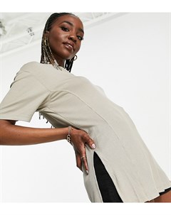 Серо коричневая футболка в стиле oversized в рубчик с разрезами по бокам и декоративной строчкой ASO Asos tall