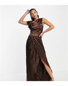 Шоколадное атласное платье макси с драпировкой и разрезом на бедре Jaded rose tall