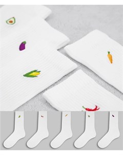 Набор из 5 пар белых носков с вышивкой овощей New look