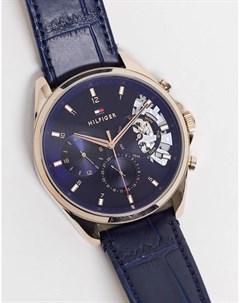 Мужские часы с открытым механизмом и кожаным ремешком темно синего цвета Tommy hilfiger