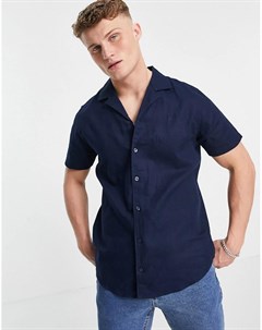 Темно синяя рубашка с короткими рукавами из ткани с добавлением льна Threadbare