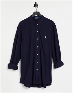 Темно синяя приталенная рубашка из пике с воротником стойкой и логотипом в виде игрока в поло Polo ralph lauren