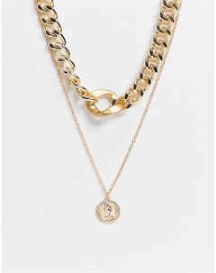 Золотистое многоярусное ожерелье чокер с массивной цепочкой и круглой подвеской Эго