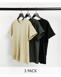 Набор из 3 облегающих футболок черного светло бежевого цвета и цвета хаки Topman