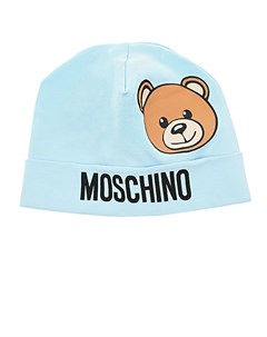 Голубая трикотажная шапка с принтом и логотипом Moschino