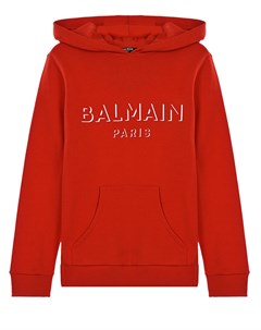 Красная толстовка худи с белым логотипом Balmain