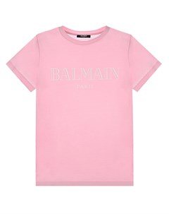Розовая футболка с белым логотипом Balmain