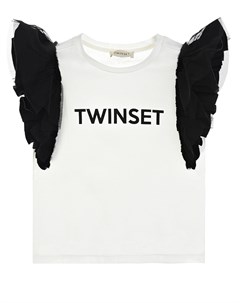 Белая футболка с черными рукавами крылышками Twinset