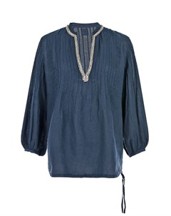 Темно синяя льняная блуза с V образным вырезом 120% lino