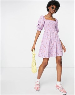 Сиреневое присборенное платье мини с цветочным принтом New look