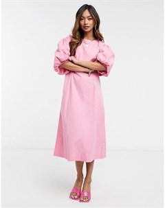 Розовое поплиновое платье миди с пышными рукавами Vero moda
