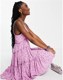 Фиолетовое платье на бретельках с оборками и цветочным принтом Pimkie