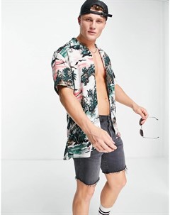 Рубашка с короткими рукавами отложным воротником и гавайским принтом персикового и белого цвета Tommy hilfiger