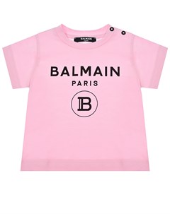 Розовая футболка с черным логотипом Balmain