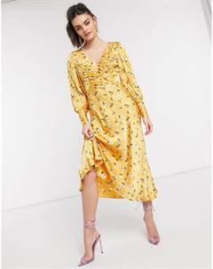 Желтое платье миди с цветочным принтом на пуговицах спереди London Ghost