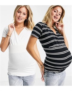 Набор из 2 футболок для кормления с запахом спереди белого цвета и в полоску Mamalicious Maternity
