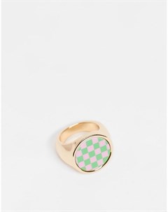 Золотистое кольцо с розово зеленой шахматной клеткой Asos design